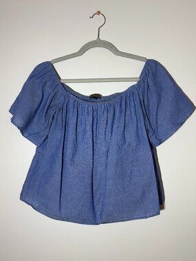 Express Linen Blend Off Shoulder Blouse Blue Stripe Puff Sleeve Coastal Top, M